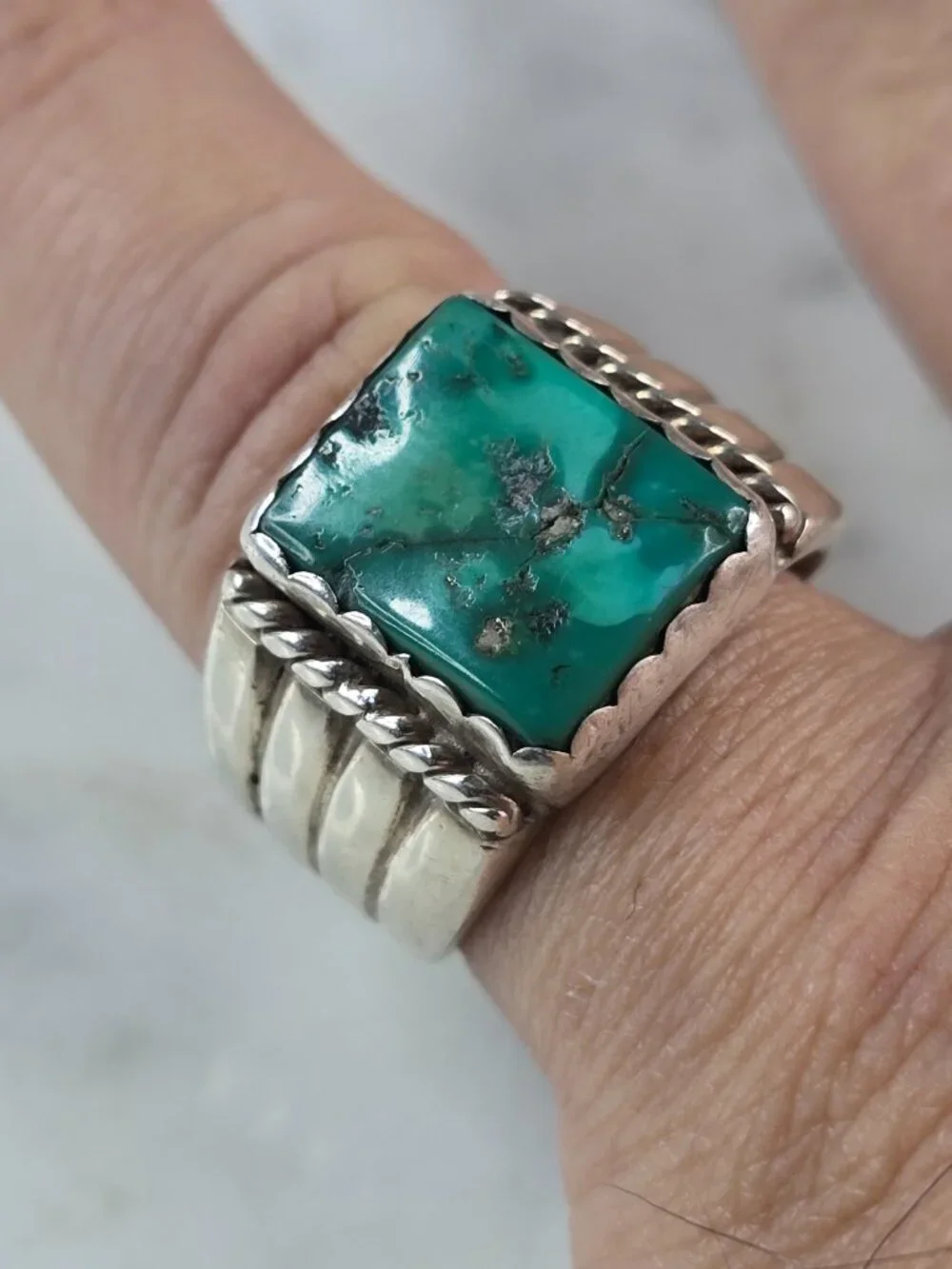 Mens Vintage Estate Sterling Silver Southwestern Turquoise Ring 12.4g E610
